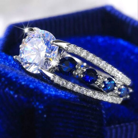 Blue Sapphire & Clear White Diamond Center Stone & Baguette Diamonds P - Picture 3 of 9